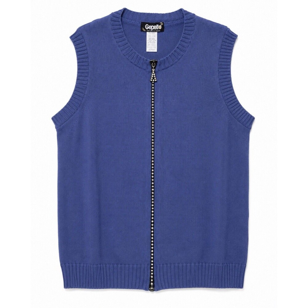 Gepetto Sweater Vest Women's XL Blue Zip Rhinestone Knit Made USA Sleeveless